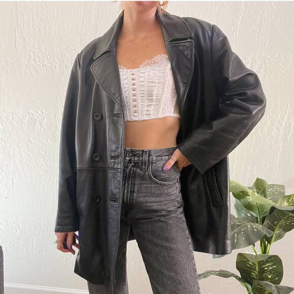 Vintage 1990's Black 100% Leather Double Breasted Button Up Blazer Jacket - Picture 1 of 7